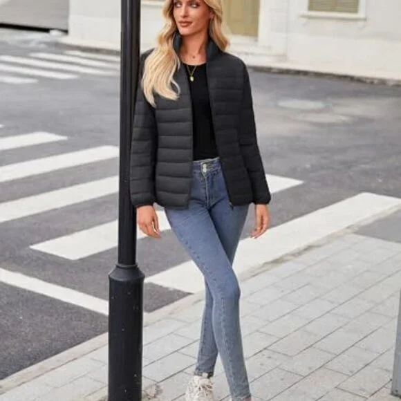 Quilted Puffer Jacket Lightweight Warm Winter Coat Stand Collar Full Zip Chic